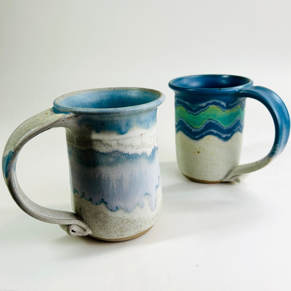Vintage 1990s Set of 2 Studio Stoneware Coffee Mugs Handcrafted Signed Cups #199